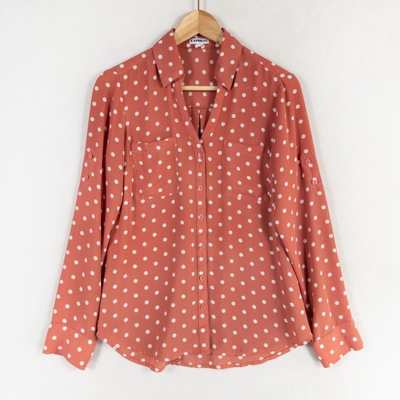 Express Shirt Womens Small Salmon White Polka Dot Button Up Roll Tab Sleeve - Picture 1 of 9